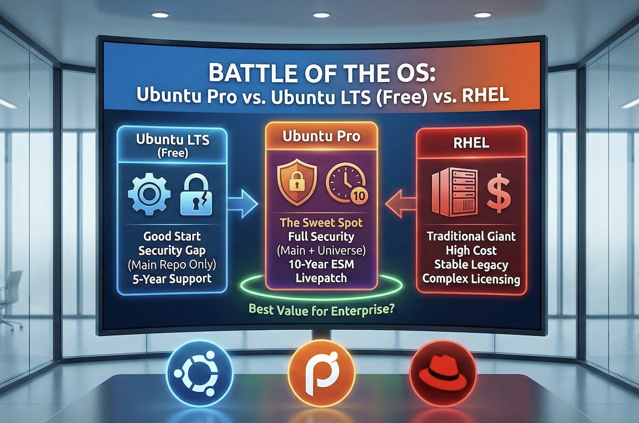 เปรียบเทียบ Ubuntu Pro vs. Ubuntu LTS (Free) vs. RHEL สำหรับ Enterprise